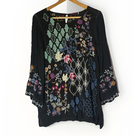 Johnny Was Esmerelda Tunic Embroidered Black Floral Cupra Rayon Women's L - Picture 3 of 7